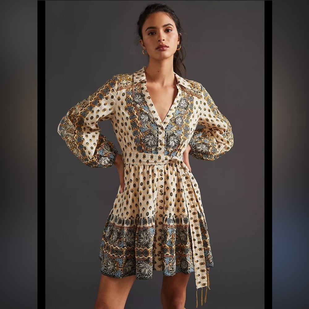 Anthropologie Floral Embroidered Bohemian Print V-Neck Dress